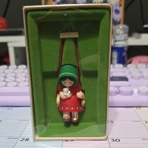 1979 Hallmark "Tree Trimmer Collection"  Wooden Girl Ornament with Bear (Swings)